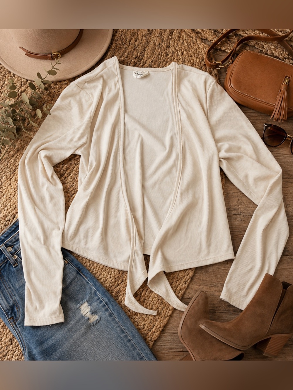 One Step Up Women’s Large Cream Ribbed Tie Front Cardigan Lightweight